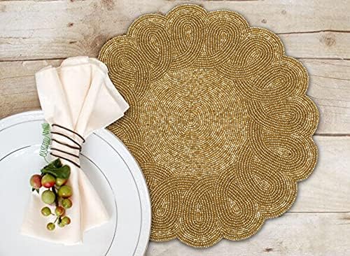 Lightnpro Decorative Beaded Placemats Set of 2 – 13 Inch Gold Round Scalloped Charger Mats, Elegant Handmade Artisan Gold Beaded Table Accessories Décor for Dining, Kitchen, Weddings & Parties