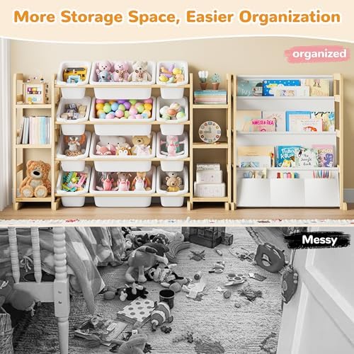 Toy Storage Organizer 12 Bins, 6 Shelves and Bookshelf for Kids, 4-in-1 Toy Organizers and Storage, Toy Book Storage for Kids, Kids Storage Organizer for Playroom, Bedroom, Nursery (Wood-Bookshelf)