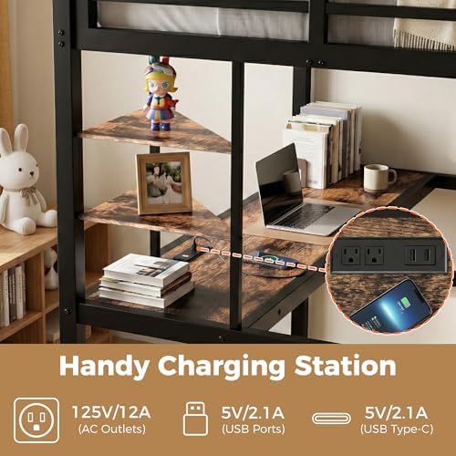 Full Size Loft Bed with Desk, USB Charging Station, LED Light and 2 Storage Shelves, Metal Heavy Duty Full Loft Bed for Adults, Teens, No Box Spring Needed, Black