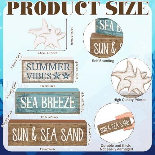 Yuntau 4 Pcs Summer Beach Decorations for Home Beach Tiered Tray Decor Starfish Coastal Rustic Starfish Wooden Block Table Sign Stacked Book Nautical Table Centerpiece for Farmhouse Office Desk Shelf
