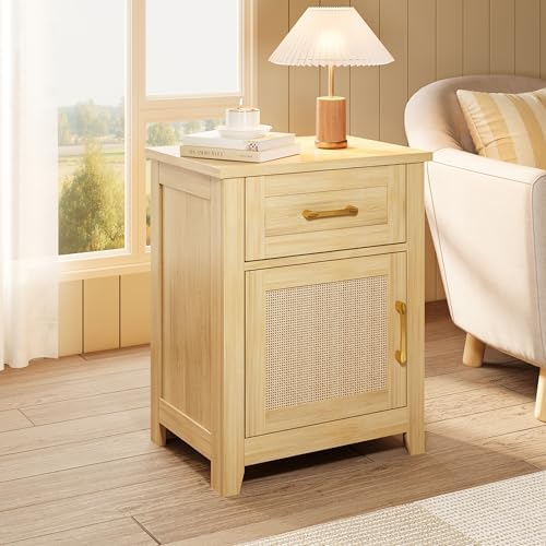 Decofy Rattan Nightstand with Charging Station, Modern End Tables with Storage and One Drawers, Outlets, USB Ports and Type-C Ports, Wood Nightstands for Bedroom, Dorm and Small Spaces Oak
