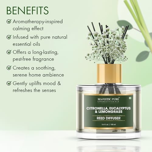 Majestic Pure Citronella, Eucalyptus & Lemongrass Reed Diffuser for Home, Bathroom & Office | Natural Aromatherapy Air Freshener with Reed Sticks & Dried Flower 3.4 fl oz