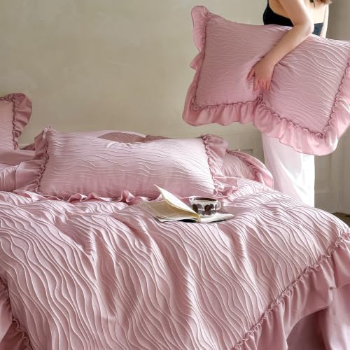 French Chic Ruffled Duvet Cover Full Size Pink Wavy Jacquard Bedding Set 3 Pieces, Microfiber Zipper Comforter Cover and 2 Pillowcases Aesthetic Retro Girls Women Bedding Duvet Cover for All Seasons