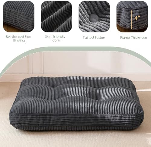 HIGOGOGO 35" Floor Pillow Cushion for Adults, Meditation Cushion Pillow, Extra Large Square Floor Sitting, Tufted Corduroy Cover for Tatami Living Room or Yoga, Dark Grey