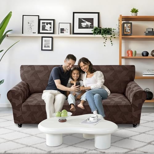 JIVINER 1 Piece Couch Cover for 3 Cushion Couch, High Stretch Sofa Covers with Elastic Bottom, Washable Sofa Slipcovers for Dog, Pets Feature Geometrical Jacquard Fabric (Sofa, Brown)