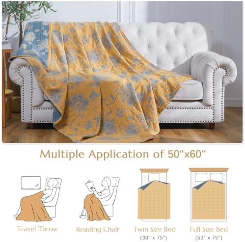 jinchan 100% Cotton Muslin Blanket Twin Boho Blanket 50x60 Yellow/Blue