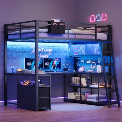 ADORNEVE Gaming Loft Bed Twin Size with U-Shaped Desk & RGB Cabinet, Black