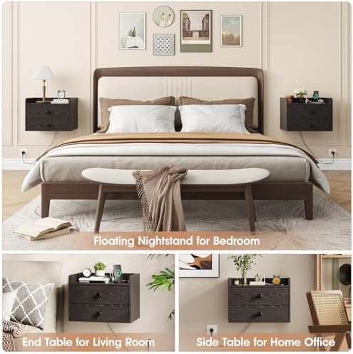 Floating Nightstand Set of 2 with 2 Storage Drawers and Charging Station