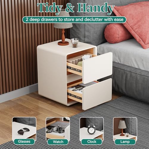 15.8" W Faux Leather Narrow Nightstand, Fully-Assembled Bedside Table with 2 Drawers, Wood Night Stand Small Accent End Table & Side Table for Bedroom, Cream White