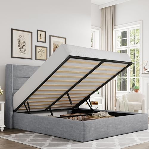 Allewie Full Size Lift Up Hydraulic Storage Bed Frame Light Grey