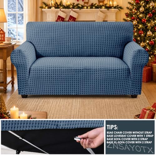 ZNSAYOTX 1 Piece Stretch Loveseat Cover (55"-71") New-Houndstooth Texture, Thick Sofa Covers for 2 Cushion Couch Universal Sofa Slip Cover with Elastic Bottom & Buckle, Soft Protector Dark Grey