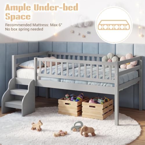 Giantex Kids Low Loft Bed Twin Size with Stairs & Safety Guardrails, Grey