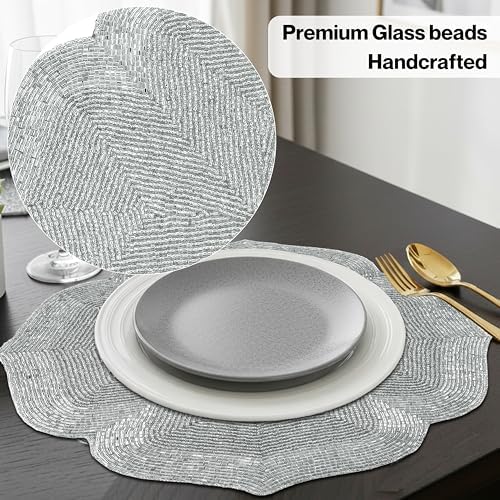 ALPHA Living HOME Silver Beaded Placemats Set of 2 Handmade Dining Mat Pair