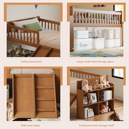 SOFTSEA Twin Size Low Loft Bed with Slide and Guardrails, Wood Loft Bed Frame with Storage Shelves for Kids, Natural