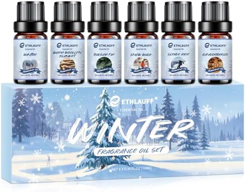 Essential Oils Winter Set,Premium Fragrance Essential Oils Gift Set for Diffuser, Soap & Candle Making Scents - Gingerbread,Warm Woollen Blanket, Balsam Fir, Snow Walk, Sleigh Ride