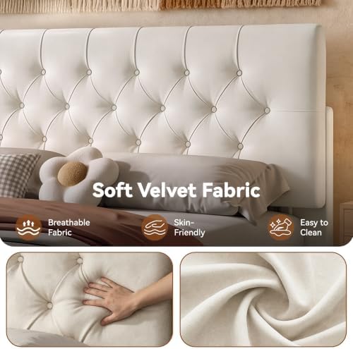 King Size Bed Frame with Headboard, Luxury Velvet Fabric Upholstered Bed frame with Button Tufted Design, Strong Wooden Slats Support - Low & Sturdy, Noise-Free, No Box Spring, Easy Assembly, Cream