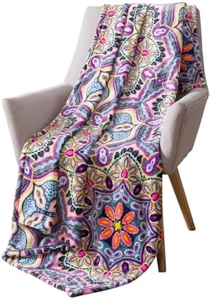 Soft Fleece Throw Blanket, Bohemian Boho Paisley Damask Purple Pink, 50x70