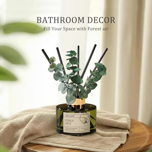 Airkeep Reed Diffuser Set with 6.76 fl oz Citrus&Sage Scent Essential Oils and 3 Leaves & 8 Diffuser Sticks,Bathroom Shelf Decor & Air Freshener, House Bedroom Office Decor & Gifts