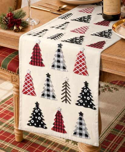 Miss Adola Embroidered Canvas 13"x90" Christmas Table Runner, Tree Crew