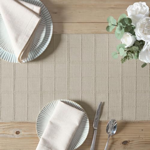 ZeeMart Linen Checked Farmhouse Table Runner, 13x108 Inches Oatmeal