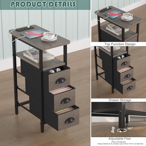 sthmec End Table with Charging Station,LED Side Tables with USB Ports and Outlets,Skinny Bedside Tables with 3 Drawers,Small Tabls Nightstands for Small Space,Slim Sofa Table for Livingroom, Grey
