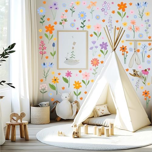 Floral Wall Decals - 102 Pcs Peel and Stick Vinyl Flower Stickers - Assorted Varieties & Colors for Bedroom, Kids’ Rooms, Nursery, or Living Room Decor