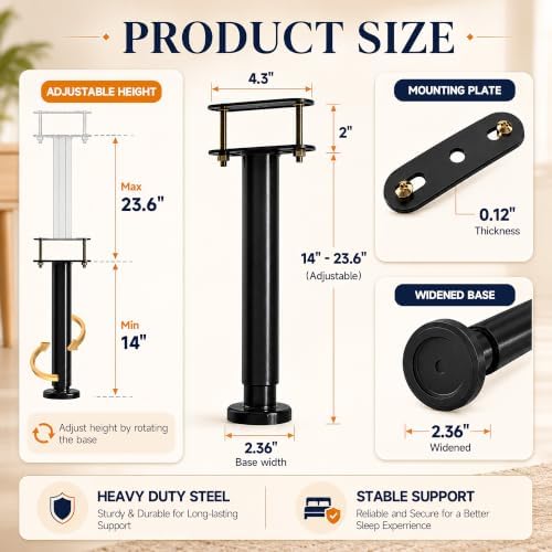 6Pcs Bed Frame Support Leg, Adjustable 14" to 23.6", Increase Under-Bed Storage Space, Extra Sturdy Steel Bed Risers with Wider Rubber Base, More Stable