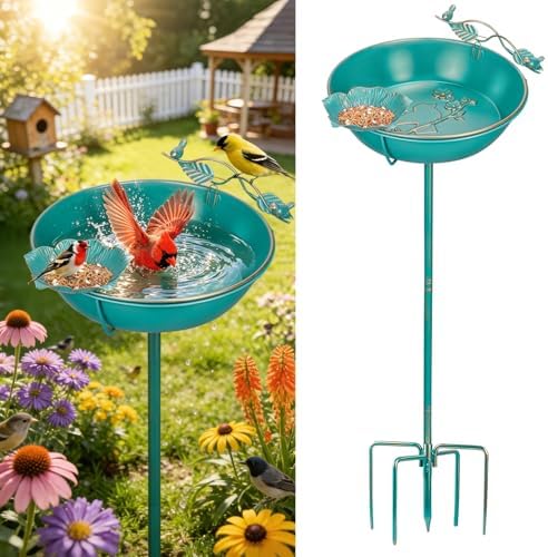 Mellbree Bird Bath for Outside 13", Metal Freestanding 13" Dia 39" H Lake Blue Gold Gilding Birdbath with Perch & Feeder Bowl, Multi-Functional for Garden Patio Yard Lawn Outdoor Decor