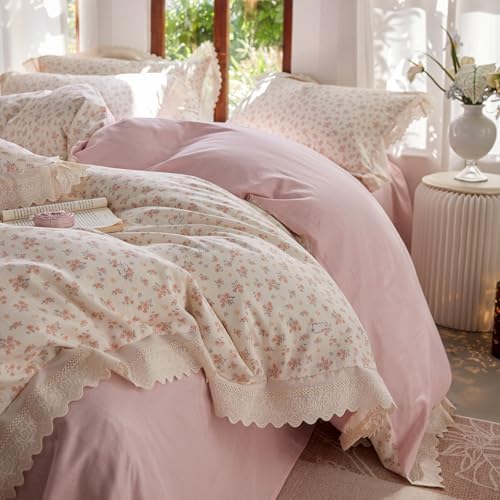 LifeTB Botanical Floral Duvet Cover Twin XL, Soft Cotton Muslin Duvet Cover with Ruffle Lace, Breathable Linen Like Gauze Comforter Cover, Pink Flower Cute Rabbilt Botanical Bedding Set Twin XL
