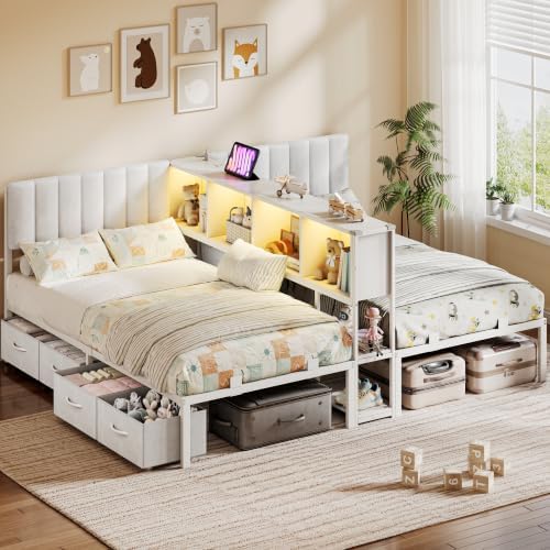 Twin Beds for 2 Kids with Storage Bookcase Divider,Charging Station and LED