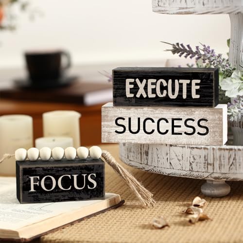 Yuntau 4 Pcs Motivational Desk Decor Wood Block Signs Focus Execute Success