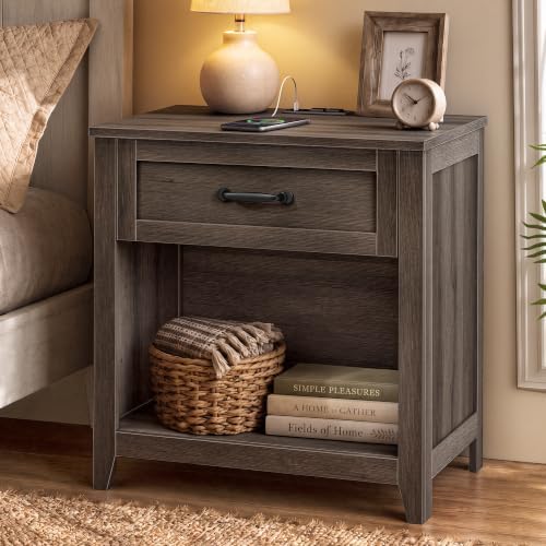 VASAGLE Farmhouse Nightstand with Charging Station, Drawer and Open Shelf