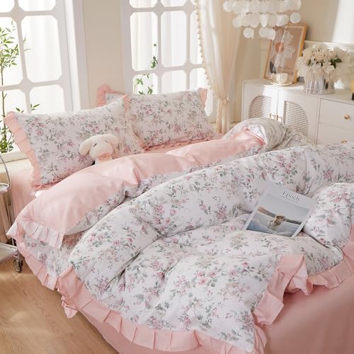 Pink Floral Duvet Cover Set 100% Cotton Queen(90"x90"),Ruffled Rose