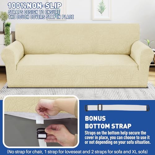 YEMYHOM Couch Cover Latest Jacquard Design High Stretch Sofa Chair Covers for Living Room, Pet Dog Cat Proof Armchair Slipcover Non Slip Magic Elastic Furniture Protector (Small, Begonia Leaf Beige)