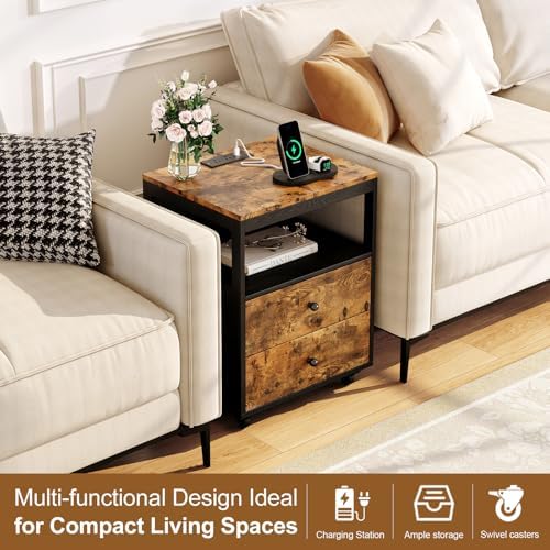 Bedroom Nightstand with Charging Station, Side Table with 2 Drawers,Sofa End Table Living Room with Wheels for Living Room Bedroom Office(Rustic Brown + Black)