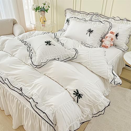 IHOUSTRIY White Duvet Cover Queen Size, Ruffle Beddding Set with Bowtie, 3 Pieces Comforter Cover Set with Zipper Closure, Girl Bedding with Pillowcase - Whte, Queen