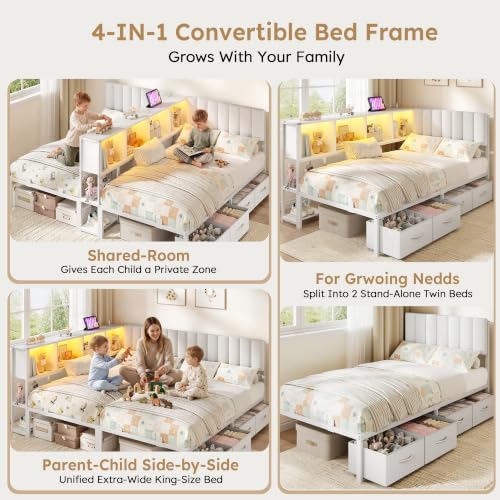 Twin Beds for 2 Kids with Storage Bookcase Divider,Charging Station and LED