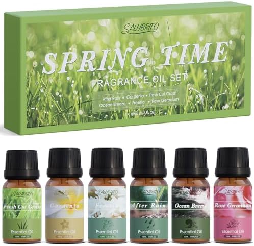 SALUBRITO Spring Fragrance Oils Set, Premium Essential Oils for Diffuser, Candle, Soap Making, After Rain, Gardenia, Fresh Cut Grass, Ocean Breeze, Freesia, Rose Geranium, Strong Scented Oils