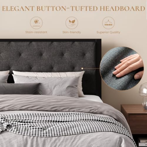 SHA CERLIN King Size Metal Bed Frame with Linen Tufted Headboard, Dark Gray
