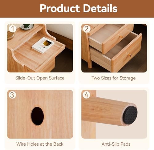Nightstand with Drawers, Pre-Assembled, 19.7" H Natural Solid Wood Night Stand with Open Sliding Shelf, Mid Century Modern Small Bedside Table Cabinet for Bedroom, Natural Oak 16"
