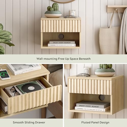 EYYTHUNG Small Floating Nightstand with Drawer, Modern Night Stand with Fluted Door and Open Storage Shelf Wall Mounted Bedside Table for Bedroom, Entryway Light Oak