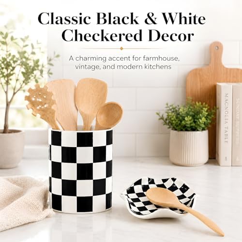 Checkered Utensil Holder and Spoon Rest Set, Black and White Ceramic Utensil Holder for Countertop, Spoon Rest for Stove Top, Farmhouse Kitchen Decor, Dishwasher Safe, Utensils Not Included