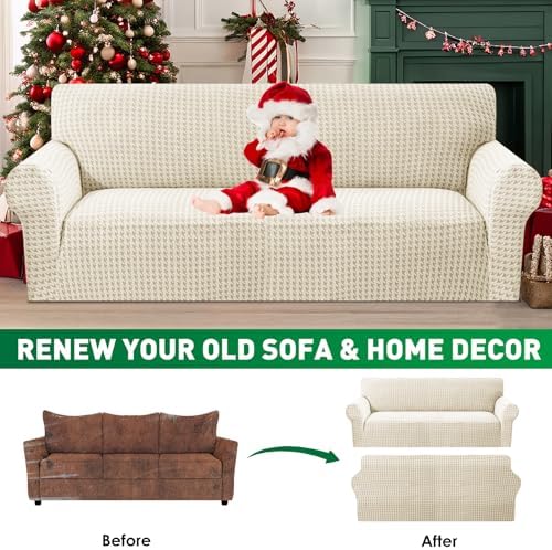 MAXIJIN Stretch Loveseat Couch Cover for 2 Cushion Couch (55"-69" Washable Sofa Slipcovers with Non-Slip Foam & Elastic Strap, Dog Cat Pet Friendly Furniture Protector (Medium, Beige)