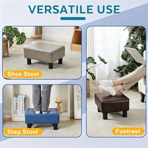 Small Foot Stool Ottoman, Faux Leather Footstool Ottoman Foot Rest for Couch, Rectangle Footstools and Ottomans Small for Living Room, Entryway and Bedroom (Brown)