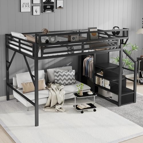 Queen Size Metal Loft Bed with Storage Stairs & Open Wardrobe, Black