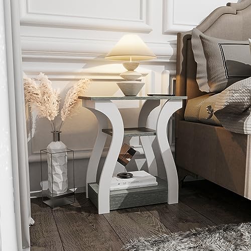 FROMJBEST End Tables Living Room, Grey End Table with Charging Station