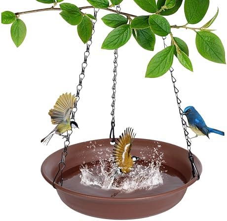 VUWEZ Hanging Bird Bath, Hanging Bird Water Feeder for Outdoors, Feeder Bowl, 1 Pack Birdbath Tray Accessories for Outside, Plastic Birdbaths Tray for Garden Patio Decoration (12", Chocolate)