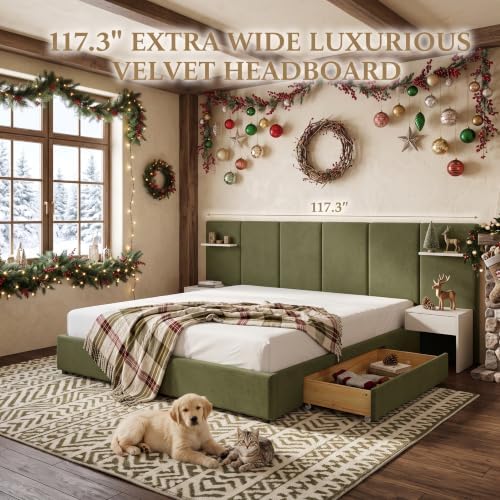 King Bed Frame with Storage & Built-in Nightstands & Drawers, Grayish Olive