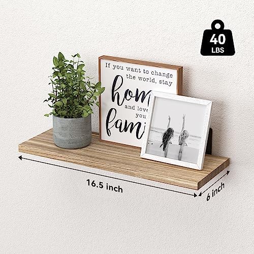 WOPITUES Wood Floating Shelves Set of 6, Shelves for Wall Decor, Farmhouse Shelf for Bedroom, Bathroom Storage Shelves, Book Shelves for Living Room - Rustic Brown (Pack of 2)