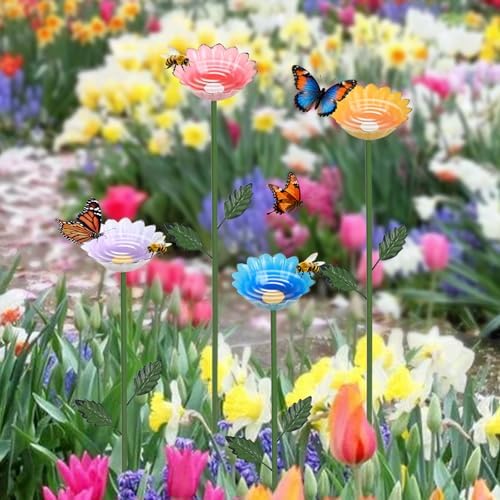 hogardeck Garden Decor for Outside, 4 Pcs 25.8" Metal Bee Watering Station, Flower Design with Stakes, Butterfly Feeder Bird Bath for Outside Yard Patio Lawn (Blue, Yellow, Pink, White)